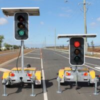 close-up of two portable traffic lights