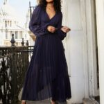 woman wearing navy maxi dress for women long sleeved